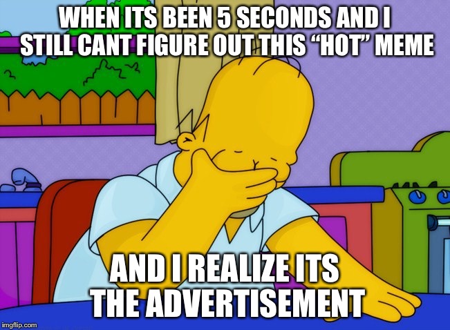 face palm homer | WHEN ITS BEEN 5 SECONDS AND I STILL CANT FIGURE OUT THIS “HOT” MEME; AND I REALIZE ITS THE ADVERTISEMENT | image tagged in face palm homer | made w/ Imgflip meme maker