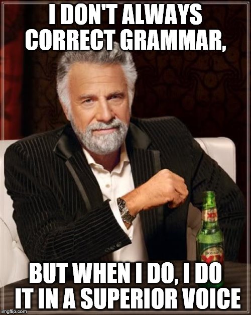 The Most Interesting Man In The World Meme | I DON'T ALWAYS CORRECT GRAMMAR, BUT WHEN I DO, I DO IT IN A SUPERIOR VOICE | image tagged in memes,the most interesting man in the world | made w/ Imgflip meme maker