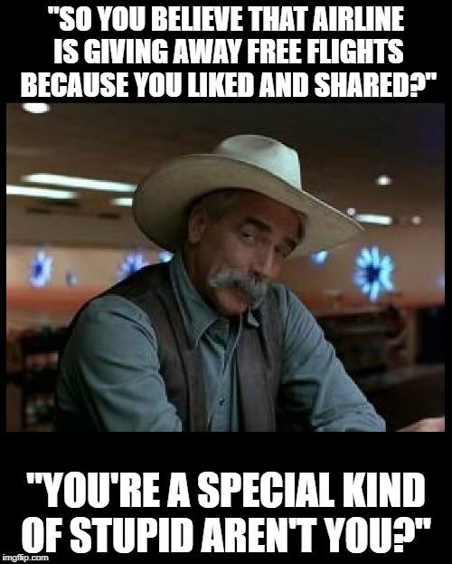 Special Kind of Stupid | "SO YOU BELIEVE THAT AIRLINE IS GIVING AWAY FREE FLIGHTS BECAUSE YOU LIKED AND SHARED?"; "YOU'RE A SPECIAL KIND OF STUPID AREN'T YOU?" | image tagged in special kind of stupid,westjet,free flights | made w/ Imgflip meme maker