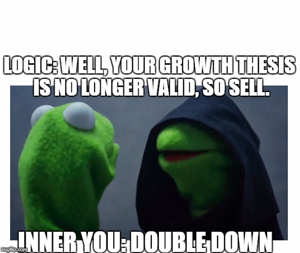 Sith Kermit | LOGIC: WELL, YOUR GROWTH THESIS IS NO LONGER VALID, SO SELL. INNER YOU: DOUBLE DOWN | image tagged in sith kermit | made w/ Imgflip meme maker