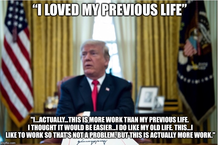 Actual Quote  | “I LOVED MY PREVIOUS LIFE”; "I...ACTUALLY...THIS IS MORE WORK THAN MY PREVIOUS LIFE. I THOUGHT IT WOULD BE EASIER...I DO LIKE MY OLD LIFE. THIS...I LIKE TO WORK SO THAT'S NOT A PROBLEM. BUT THIS IS ACTUALLY MORE WORK." | image tagged in original meme,donald trump | made w/ Imgflip meme maker