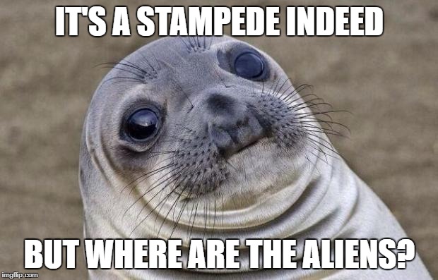 Awkward Moment Sealion Meme | IT'S A STAMPEDE INDEED BUT WHERE ARE THE ALIENS? | image tagged in memes,awkward moment sealion | made w/ Imgflip meme maker