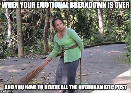 Worst things happen to people #5 | WHEN YOUR EMOTIONAL BREAKDOWN IS OVER; AND YOU HAVE TO DELETE ALL THE OVERDRAMATIC POST | image tagged in memes,funny memes,funny,funny picture,bad decision | made w/ Imgflip meme maker