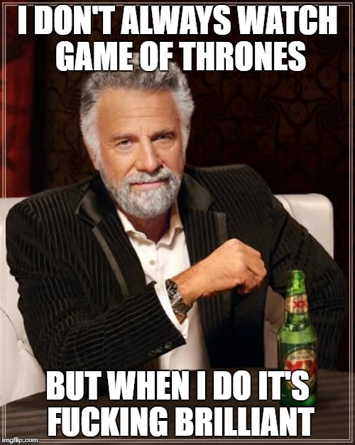 The Most Interesting Man In The World Meme | I DON'T ALWAYS WATCH GAME OF THRONES; BUT WHEN I DO IT'S FUCKING BRILLIANT | image tagged in memes,the most interesting man in the world | made w/ Imgflip meme maker