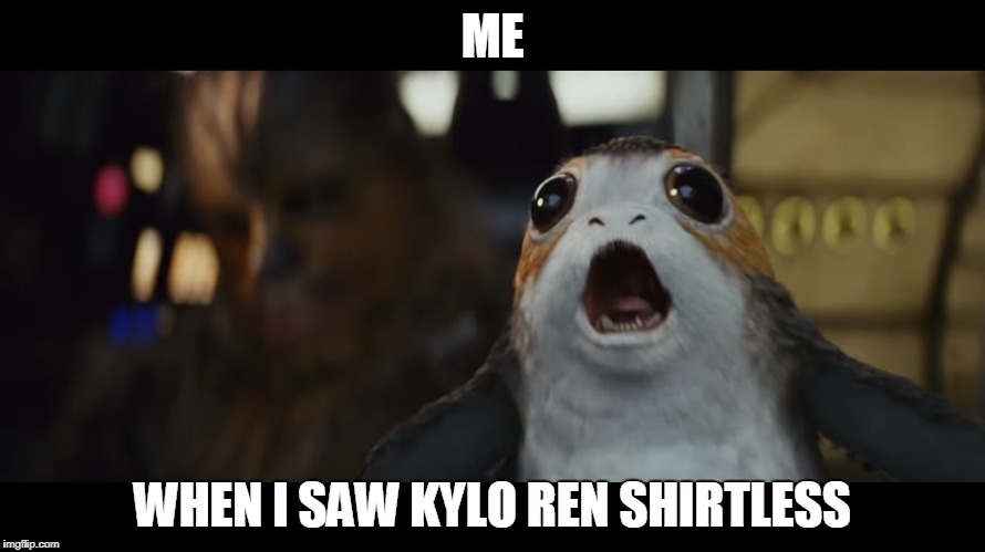 Me in The Last Jedi | ME; WHEN I SAW KYLO REN SHIRTLESS | image tagged in last jedi,porg,fangirl,kylo ren | made w/ Imgflip meme maker