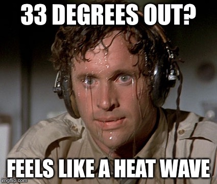 Sweating on commute after jiu-jitsu | 33 DEGREES OUT? FEELS LIKE A HEAT WAVE | image tagged in sweating on commute after jiu-jitsu,freezing,winter,memes,funny | made w/ Imgflip meme maker