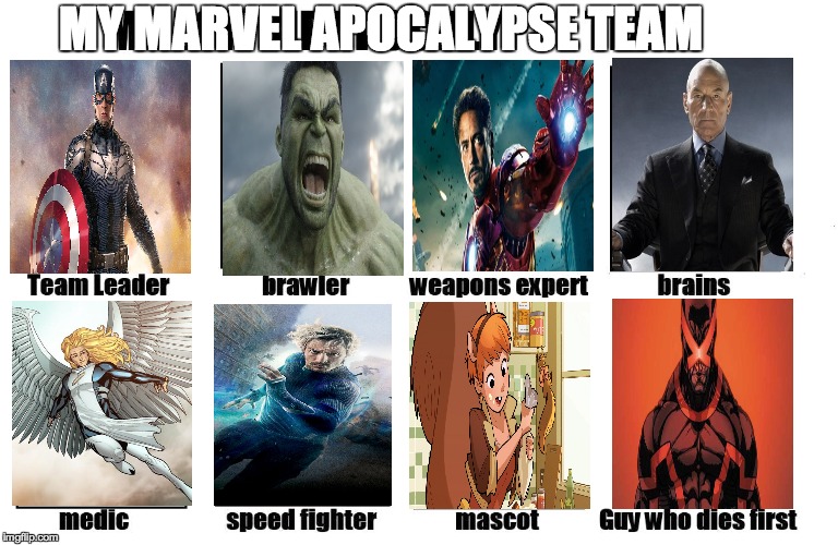 marvel apocalypse team | MY MARVEL APOCALYPSE TEAM | image tagged in my zombie apocalypse team,memes,funny,marvel | made w/ Imgflip meme maker