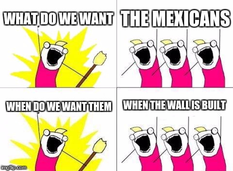 What Do We Want Meme | WHAT DO WE WANT; THE MEXICANS; WHEN THE WALL IS BUILT; WHEN DO WE WANT THEM | image tagged in memes,what do we want | made w/ Imgflip meme maker