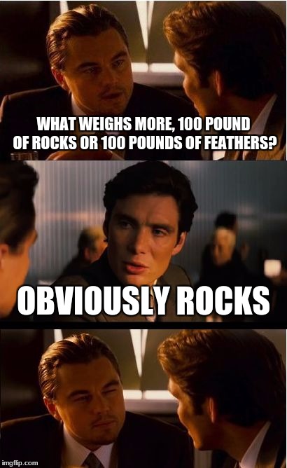 Inception Meme | WHAT WEIGHS MORE, 100 POUND OF ROCKS OR 100 POUNDS OF FEATHERS? OBVIOUSLY ROCKS | image tagged in memes,inception | made w/ Imgflip meme maker