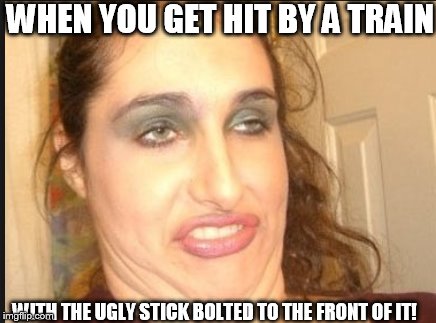 struck by it twice! | WHEN YOU GET HIT BY A TRAIN; WITH THE UGLY STICK BOLTED TO THE FRONT OF IT! | image tagged in ugly as a fungie- infected  toenail,butt  fugly | made w/ Imgflip meme maker