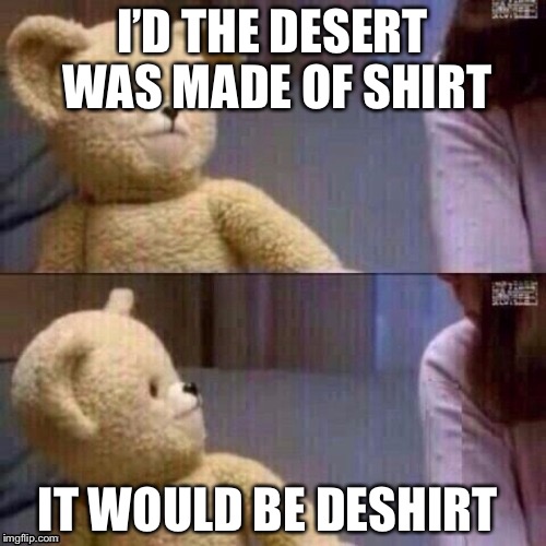 What? Teddy Bear | I’D THE DESERT WAS MADE OF SHIRT; IT WOULD BE DESHIRT | image tagged in what teddy bear | made w/ Imgflip meme maker