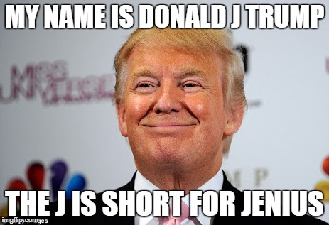 Donald trump approves | MY NAME IS DONALD J TRUMP; THE J IS SHORT FOR JENIUS | image tagged in donald trump approves,esist | made w/ Imgflip meme maker