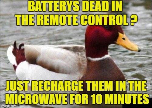 Malicious Advise Mallard-Not advisable  | BATTERYS DEAD IN THE REMOTE CONTROL ? JUST RECHARGE THEM IN THE MICROWAVE FOR 10 MINUTES | image tagged in memes,malicious advice mallard,battery malfunction | made w/ Imgflip meme maker