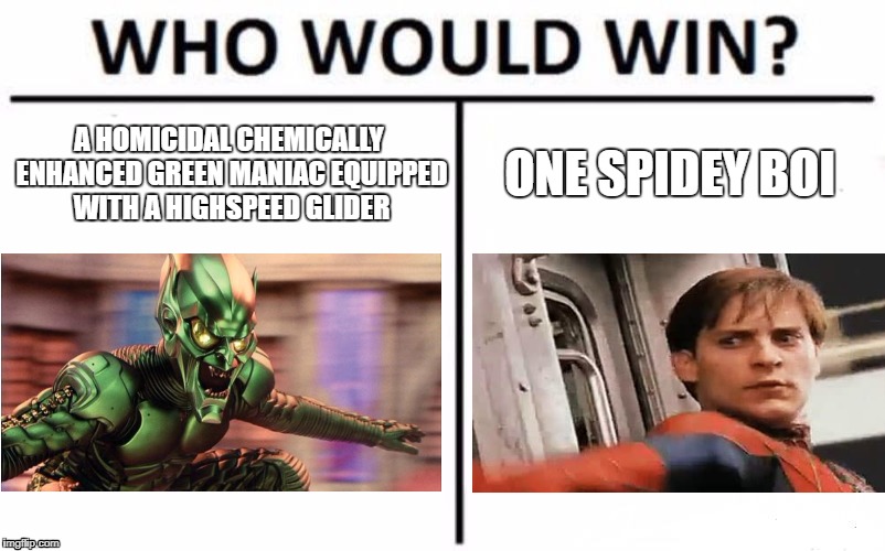 Who Would Win? Meme | A HOMICIDAL CHEMICALLY ENHANCED GREEN MANIAC EQUIPPED WITH A HIGHSPEED GLIDER; ONE SPIDEY BOI | image tagged in memes,who would win | made w/ Imgflip meme maker