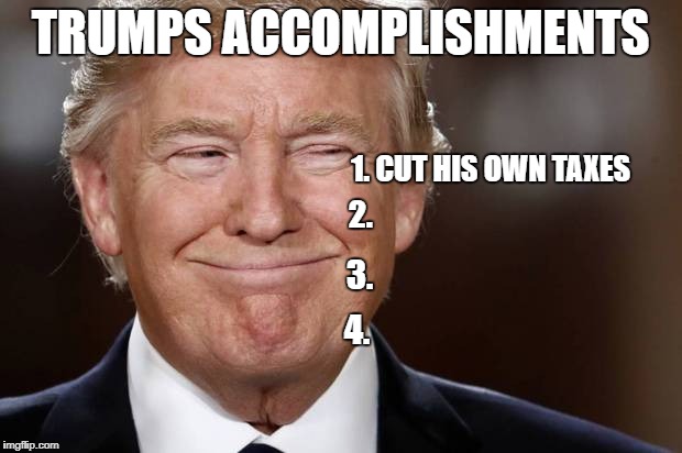 Donald J Trump's Legislative Accomplishments | TRUMPS ACCOMPLISHMENTS; 1. CUT HIS OWN TAXES; 2. 3. 4. | image tagged in donad trump,self serving,tax cuts | made w/ Imgflip meme maker