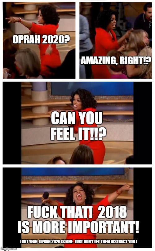 Oprah You Get A Car Everybody Gets A Car Meme | OPRAH 2020? AMAZING, RIGHT!? CAN YOU FEEL IT!!? FUCK THAT!  2018 IS MORE IMPORTANT! (BUT YEAH, OPRAH 2020 IS FINE.  JUST DON'T LET THEM DISTRACT YOU.) | image tagged in memes,oprah you get a car everybody gets a car | made w/ Imgflip meme maker