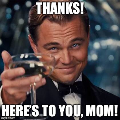 Dicaprio Toast Weekend Bro | THANKS! HERE’S TO YOU, MOM! | image tagged in dicaprio toast weekend bro | made w/ Imgflip meme maker