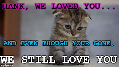 Sad kitten | HANK, WE LOVED YOU... AND EVEN THOUGH YOUR GONE, WE STILL LOVE YOU | image tagged in sad kitten | made w/ Imgflip meme maker