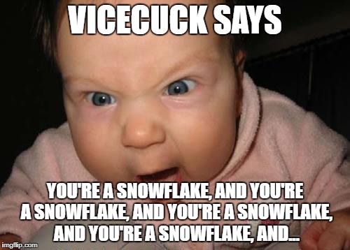 Evil Baby Meme | VICECUCK SAYS; YOU'RE A SNOWFLAKE, AND YOU'RE A SNOWFLAKE, AND YOU'RE A SNOWFLAKE, AND YOU'RE A SNOWFLAKE, AND... | image tagged in memes,evil baby | made w/ Imgflip meme maker