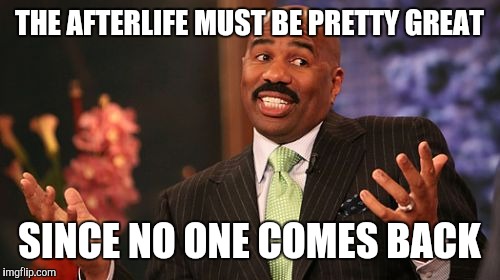 The afterlife |  THE AFTERLIFE MUST BE PRETTY GREAT; SINCE NO ONE COMES BACK | image tagged in memes,steve harvey,atheism,christianity,death,funny | made w/ Imgflip meme maker