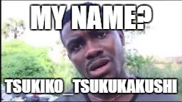 Longest Name in Africa | MY NAME? TSUKIKO_TSUKUKAKUSHI | image tagged in longest name in africa | made w/ Imgflip meme maker