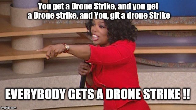 You get a Drone Strike, and you get a Drone strike, and You, git a drone Strike; EVERYBODY GETS A DRONE STRIKE !! | image tagged in oprah potus | made w/ Imgflip meme maker