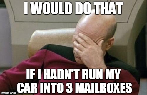 Captain Picard Facepalm Meme | I WOULD DO THAT IF I HADN'T RUN MY CAR INTO 3 MAILBOXES | image tagged in memes,captain picard facepalm | made w/ Imgflip meme maker