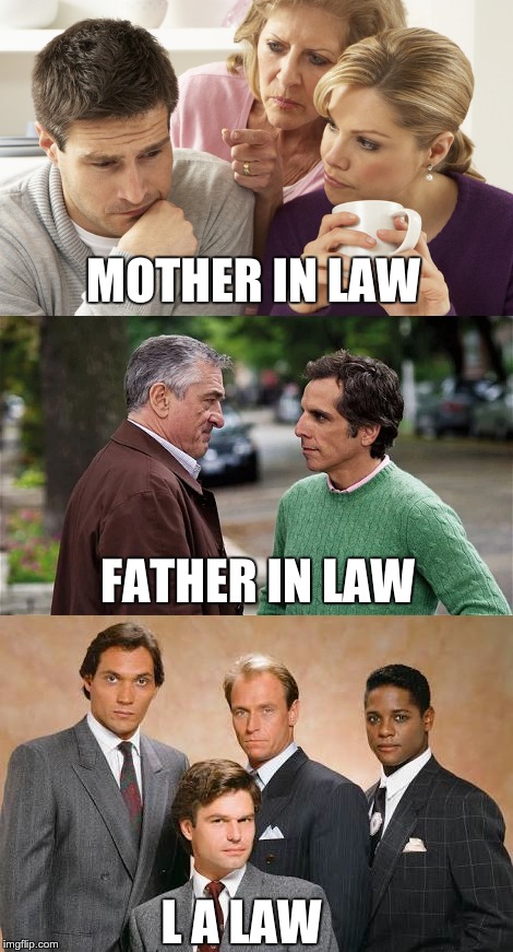 They were like TV fam | MOTHER IN LAW; FATHER IN LAW; L A LAW | image tagged in la la land | made w/ Imgflip meme maker