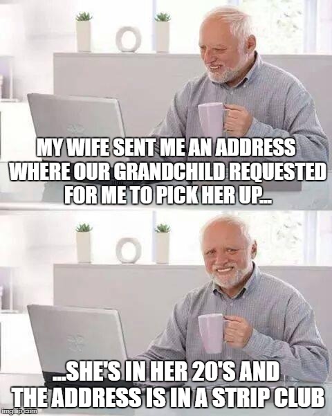 And I thought I will die without seeing some action | MY WIFE SENT ME AN ADDRESS WHERE OUR GRANDCHILD REQUESTED FOR ME TO PICK HER UP... ...SHE'S IN HER 20'S AND THE ADDRESS IS IN A STRIP CLUB | image tagged in memes,hide the pain harold,grandchildren,hot,stripper | made w/ Imgflip meme maker