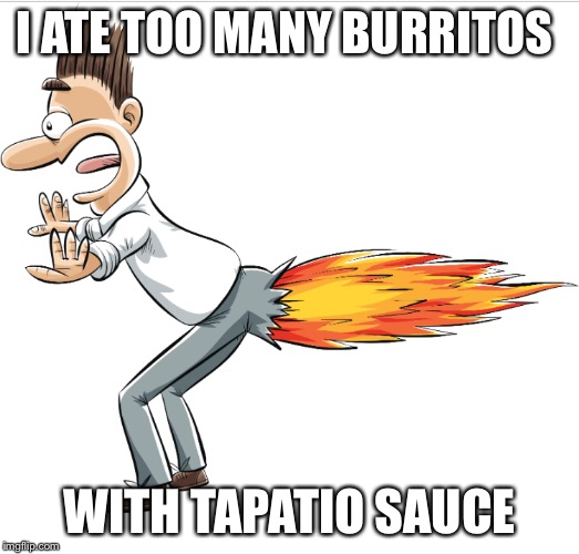 This meme is on fire | I ATE TOO MANY BURRITOS; WITH TAPATIO SAUCE | image tagged in farting,funny memes,humor,food | made w/ Imgflip meme maker