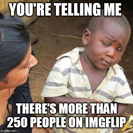 Top 250? I thought there was like 112, 123 tops.
 | YOU'RE TELLING ME; THERE'S MORE THAN 250 PEOPLE ON IMGFLIP | image tagged in memes,third world skeptical kid | made w/ Imgflip meme maker