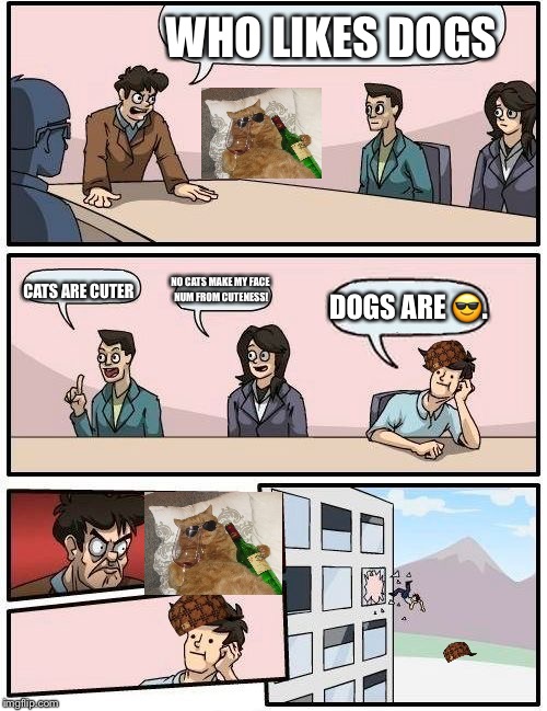 Boardroom Meeting Suggestion Meme | WHO LIKES DOGS; CATS ARE CUTER; NO CATS MAKE MY FACE NUM FROM CUTENESS! DOGS ARE 😎. | image tagged in memes,boardroom meeting suggestion,scumbag | made w/ Imgflip meme maker