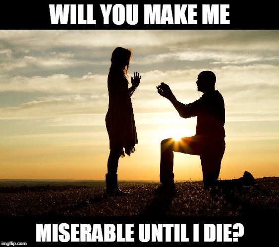 WILL YOU MAKE ME; MISERABLE UNTIL I DIE? | image tagged in marriage,proposal,misery,girlfriend,wedding,memes | made w/ Imgflip meme maker