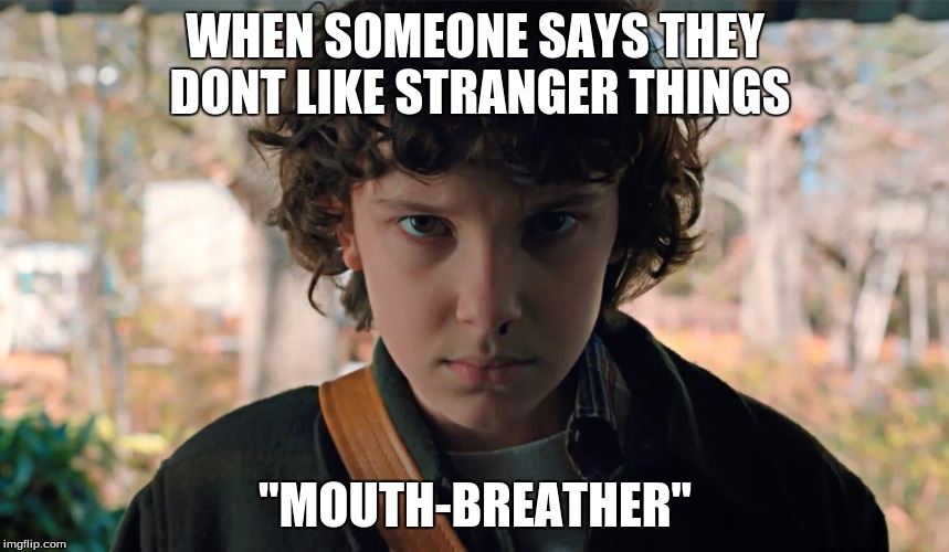 11 Stranger Things | WHEN SOMEONE SAYS THEY DONT LIKE STRANGER THINGS; "MOUTH-BREATHER" | image tagged in 11 stranger things | made w/ Imgflip meme maker