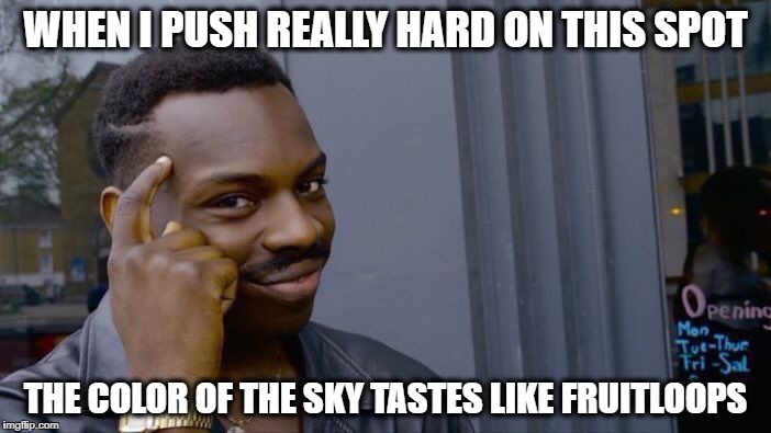 Roll Safe Think About It Meme | WHEN I PUSH REALLY HARD ON THIS SPOT; THE COLOR OF THE SKY TASTES LIKE FRUITLOOPS | image tagged in memes,roll safe think about it | made w/ Imgflip meme maker