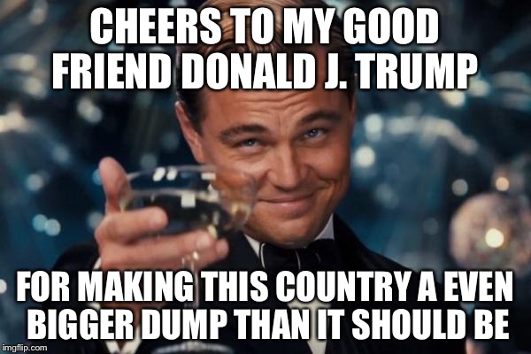 Leonardo Dicaprio Cheers Meme | CHEERS TO MY GOOD FRIEND DONALD J. TRUMP; FOR MAKING THIS COUNTRY A EVEN BIGGER DUMP THAN IT SHOULD BE | image tagged in memes,leonardo dicaprio cheers | made w/ Imgflip meme maker