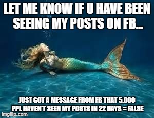 Mermaid  | LET ME KNOW IF U HAVE BEEN SEEING MY POSTS ON FB... JUST GOT A MESSAGE FROM FB THAT 5,000 PPL HAVEN'T SEEN MY POSTS IN 22 DAYS = FALSE | image tagged in mermaid | made w/ Imgflip meme maker