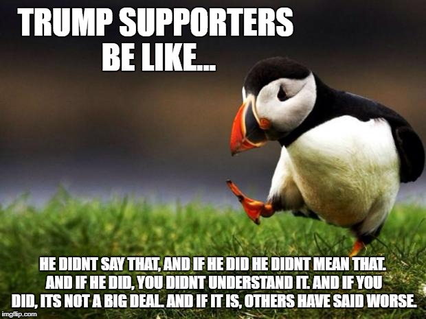 In B4 Hillary |  TRUMP SUPPORTERS BE LIKE... HE DIDNT SAY THAT, AND IF HE DID HE DIDNT MEAN THAT. AND IF HE DID, YOU DIDNT UNDERSTAND IT. AND IF YOU DID, ITS NOT A BIG DEAL. AND IF IT IS, OTHERS HAVE SAID WORSE. | image tagged in memes,unpopular opinion puffin,politics,donald trump | made w/ Imgflip meme maker