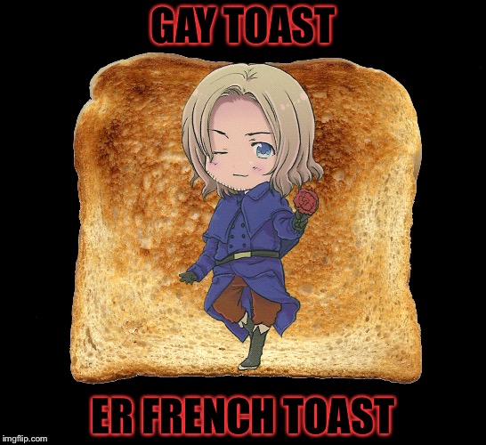 I’ve been wanting to do this for awhile now... Geek week January 7-13 a kenj and jbmemegeek event (No offense to anyone) | GAY TOAST; ER FRENCH TOAST | image tagged in hetalia,memes,meme,france | made w/ Imgflip meme maker