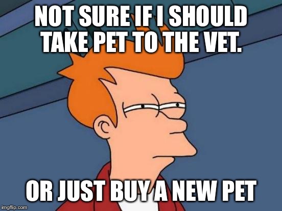 Futurama Fry Meme | NOT SURE IF I SHOULD TAKE PET TO THE VET. OR JUST BUY A NEW PET | image tagged in memes,futurama fry,AdviceAnimals | made w/ Imgflip meme maker