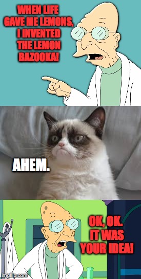 Collaboration makes for some of the coolest creations. | WHEN LIFE GAVE ME LEMONS, I INVENTED THE LEMON BAZOOKA! AHEM. OK, OK. IT WAS YOUR IDEA! | image tagged in memes,professor farnsworth,grumpy cat,collaboration | made w/ Imgflip meme maker