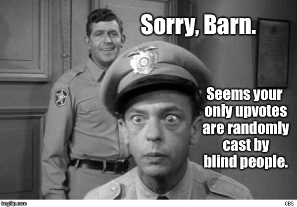 Sorry, Barn. Seems your only upvotes are randomly cast by blind people. | made w/ Imgflip meme maker