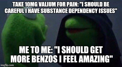 kermit me to me | TAKE 10MG VALIUM FOR PAIN: "I SHOULD BE CAREFUL I HAVE SUBSTANCE DEPENDENCY ISSUES"; ME TO ME: "I SHOULD GET MORE BENZOS I FEEL AMAZING" | image tagged in kermit me to me | made w/ Imgflip meme maker