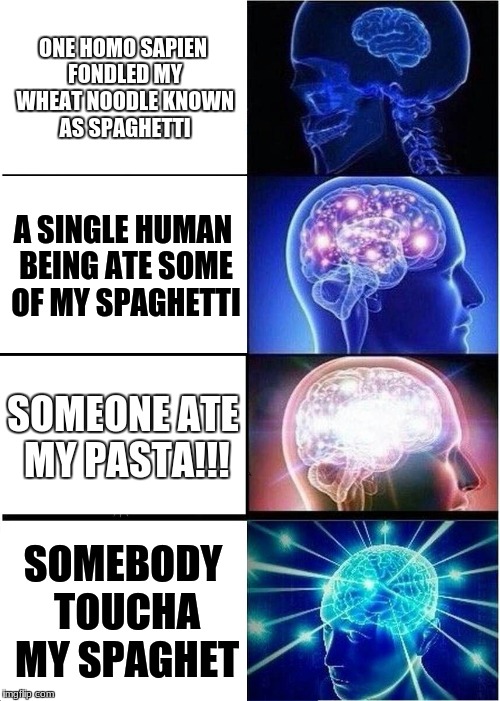 Expanding Brain Meme | ONE HOMO SAPIEN FONDLED MY WHEAT NOODLE KNOWN AS SPAGHETTI; A SINGLE HUMAN BEING ATE SOME OF MY SPAGHETTI; SOMEONE ATE MY PASTA!!! SOMEBODY TOUCHA MY SPAGHET | image tagged in memes,expanding brain | made w/ Imgflip meme maker