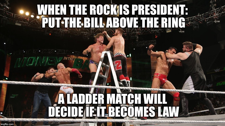 When the rock is president  | WHEN THE ROCK IS PRESIDENT: PUT THE BILL ABOVE THE RING; A LADDER MATCH WILL DECIDE IF IT BECOMES LAW | image tagged in election 2020,the rock | made w/ Imgflip meme maker