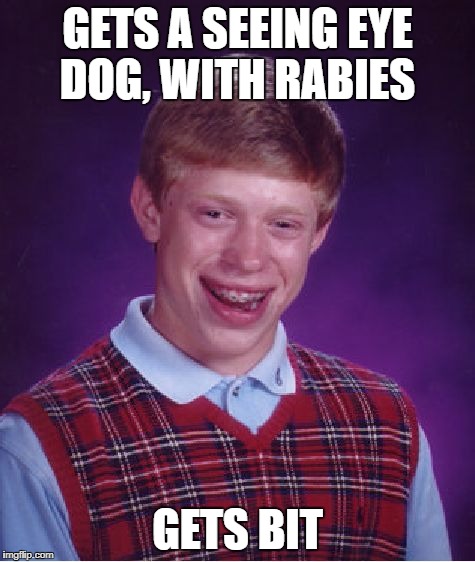 Bad Luck Brian Meme | GETS A SEEING EYE DOG, WITH RABIES GETS BIT | image tagged in memes,bad luck brian | made w/ Imgflip meme maker
