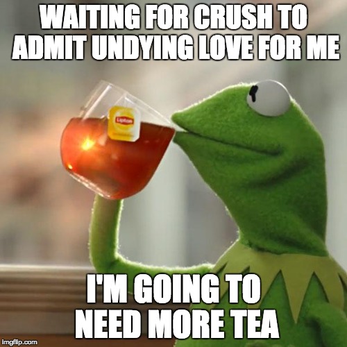     | WAITING FOR CRUSH TO ADMIT UNDYING LOVE FOR ME; I'M GOING TO NEED MORE TEA | image tagged in memes,but thats none of my business,kermit the frog,crush,relationships,single life | made w/ Imgflip meme maker