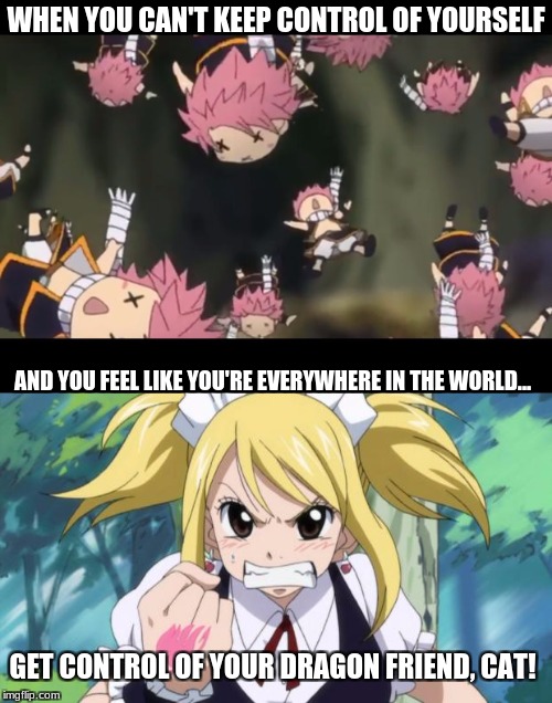 Self Control in Fairy Tail?!! | WHEN YOU CAN'T KEEP CONTROL OF YOURSELF; AND YOU FEEL LIKE YOU'RE EVERYWHERE IN THE WORLD... GET CONTROL OF YOUR DRAGON FRIEND, CAT! | image tagged in fairy tail,memes,anime,self control | made w/ Imgflip meme maker