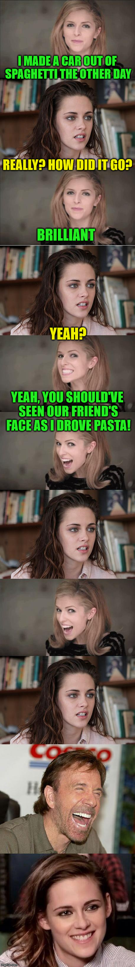 Spaghetti car | I MADE A CAR OUT OF SPAGHETTI THE OTHER DAY; BRILLIANT; REALLY? HOW DID IT GO? YEAH? YEAH, YOU SHOULD'VE SEEN OUR FRIEND'S FACE AS I DROVE PASTA! | image tagged in memes,car,spaghetti,pasta,friend,reaction | made w/ Imgflip meme maker