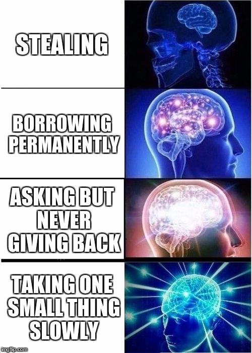 Expanding Brain | STEALING; BORROWING PERMANENTLY; ASKING BUT NEVER GIVING BACK; TAKING ONE SMALL THING SLOWLY | image tagged in memes,expanding brain | made w/ Imgflip meme maker